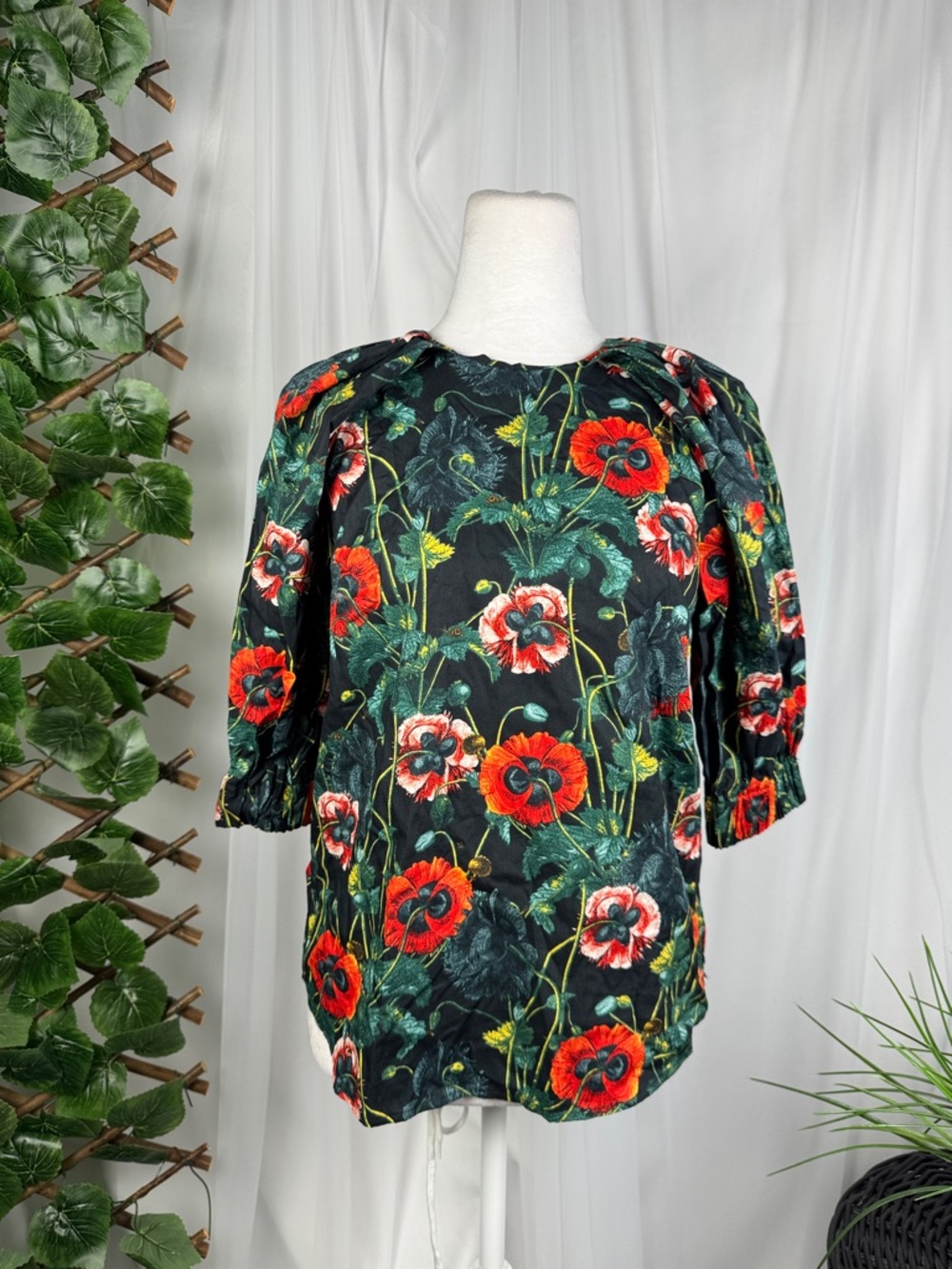 H&M Black Blouse with Red Floral Print